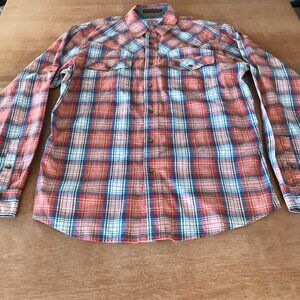 Christian Audigier Shirt Men XL Blue Red Plaid Snap Button Up Pocket Long Sleeve